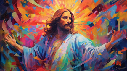 a painted portrait of jesus, colorful, wallpaper, generative ai