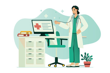 Wall Mural - Hospital concept with people scene in the flat cartoon design. The doctor prepares his workplace for receiving patients. Vector illustration.