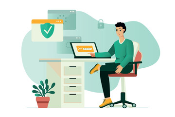 Wall Mural - cyber security concept with people scene in the flat cartoon design. the technical worker is engaged