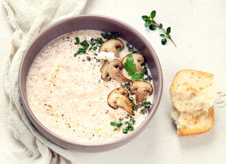 Wall Mural - Mushroom cream soup. Healthy vegan dish. Top view.