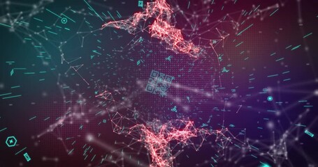 Animation of blue qr code over networks of connections on dark background