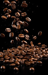 Wall Mural - coffee beans falling into the air on a black background with copy space for your text or image stock photo - images