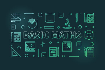 Sticker - Basic Maths concept vector thin line horizontal colored banner. Math illustration