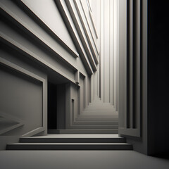 Wall Mural - A surreal scene of abstract minimalism—a stark staircase leading up to a grand, unidentifiable building. Its curved lines and clean angles draw the eye, inviting exploration of the unknown.