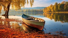 Wooden Boat On The Shore Of A Beautiful Lake In The Autumn. Created With Generative AI Technology.