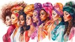 Women's Equality Day art banner poster. Many diverse women of different ages, nationalities and religions come together.