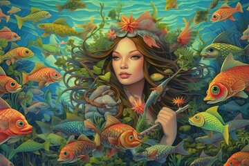 Wall Mural - An enchanting mermaid, surrounded by underwater ganja plants, gracefully swims with a school of vibrant tropical fish, creating a serene and euphoric ambiance illustration generative ai