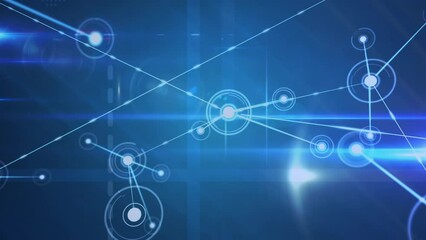 Wall Mural - animation of dots connected with lines over lens flares against blue background