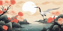 Watercolor Texture Japanese Background With Stork  Made With Generative AI