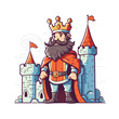 Playful cartoon King at castle sticker Illustrations in minimalist detailed style