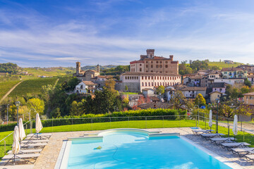 Canvas Print - Castle and town with vineyard in Barolo, Langhe region, Piedmont, Italy