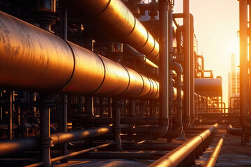 Wall Mural - Industry pipeline rack for transport crude oil petrochemical with sunset sky background, gas and oil process of running by pipe tubes in factory, perspective view, with Generative AI.