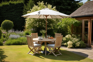 Wall Mural - Terrace with wooden Chairs and Table. Beautiful Parasol. Garden with House and Green in the background. Umbrella