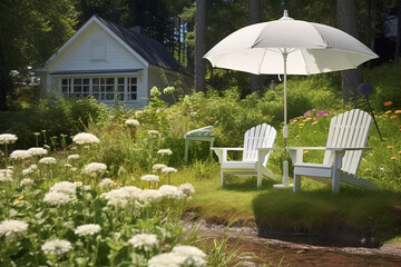 Wall Mural - Deck Chairs with Umbrella in rural, Swedish vibe surroundings