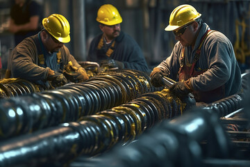 plumbing workers on construction site fixing pipes and equipment with Generative AI