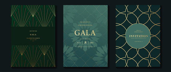 Canvas Print - Luxury gala invitation card background vector. Golden elegant geometric shape,  gold flower on green background. Premium design illustration for wedding and vip cover template, grand opening.