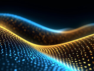 Poster - Gold blue glow waves, in the style of dotted, 3d space, abstract blue lights, streamlined design, rhythmic lines, lens flare, stockphoto, backlight, no text on the picture