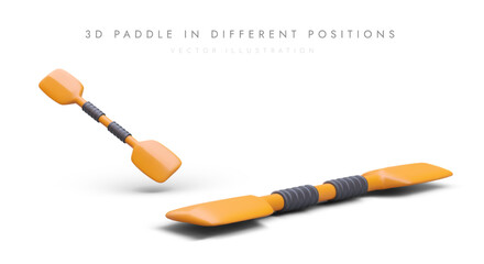 Wall Mural - 3D paddle in different positions. Sports equipment. Double kayak paddle with nozzles on handle. Color image on white background. Vector illustration for websites, applications, advertising posters