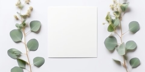 Wall Mural - Minimalist Greeting Card Mockup with Delicate Dry Eucalyptus Leaves - Top View on a Clean White Background,  Generative AI