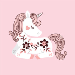 Vector hand drawn beautiful white unicorn with flowers and pink tail and mane