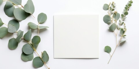 Wall Mural - Minimalist Greeting Card Mockup with Delicate Dry Eucalyptus Leaves - Top View on a Clean White Background,  Generative AI