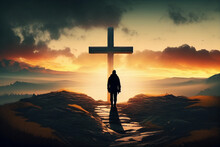 Man Near Cross. Christian And Cross. AI Generated