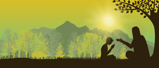 guru purnima background, a man is worshipping a spiritual teacher with nature forest background. ill