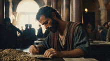 Portrait Of Matthew Counting The Tax Money In A Payhouse In Capernaum. Christian Illustration.