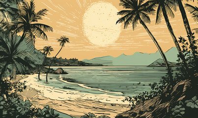 Wall Mural - Tropical beach at sunset.Vintage poster design. Generative Ai illustration