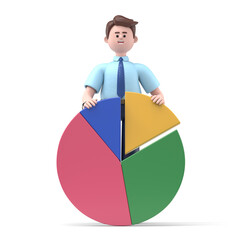 3D illustration of Asian man Felixo cutting out a piece of pie chart.3D rendering on white background.
