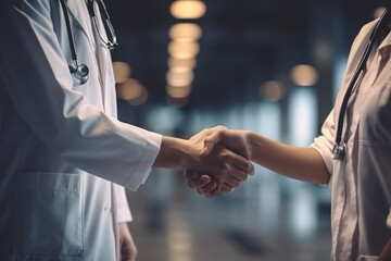 Close up photo of two doctors shaking hands on in hospital hall. Concept of collaboration in medicine.