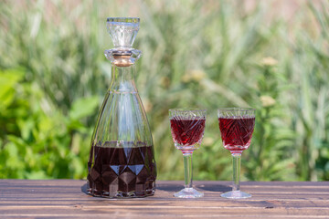 Wall Mural - Homemade cherry brandy in glasses and in a bottle on a wooden table in a summer garden