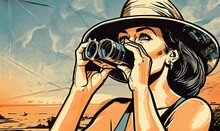 Woman Explorer With Binoculars In Nature. Vintage Poster Design. Generative Ai Illustration