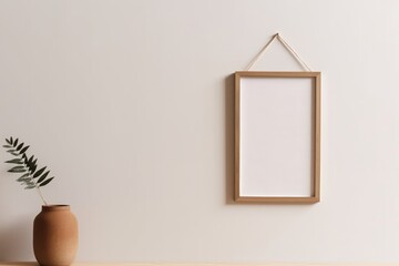 Wall Mural - Blank Wooden Picture Frame Mockup Hanging on Beige Wall Empty Poster Mockup for Art Display. Front View with Copy Space, Generative AI