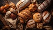 Homemade variety of pastry,french baguette,sourdough and bread whole grains topview.Generative Ai