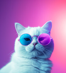 Minimal animal concept, hipster cat portrait with trendy retro sunglasses. Cute grumpy white cat on a pink background. Illustration. Generative AI.