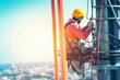 © Joaquin Corbalan - A technician perched on a 5g telecommunications tower checks connections. Ai generated.