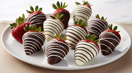 chocolate covered strawberries and strawberries on a white plate with two strawberries in the strawberries are sitting next to each other