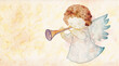 illustrazione generative ai con putto, angelo che suona una tromba, colori ad acqua in toni pastello su sfondo di carta ruvida