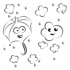 Canvas Print - Rain cloud with raindrops line art design. Cute cloud raining and smile icon design.