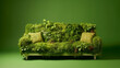Couch furniture made of living plants on green background - eco design concept illustration