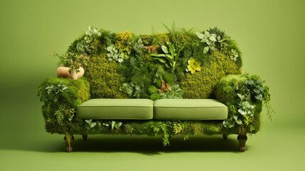 Wall Mural - Couch furniture made of living plants on green background - eco design concept illustration