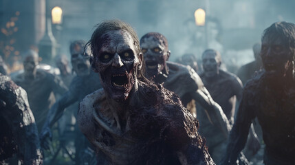 Crowd of zombies in a post-apocalyptic city zombie attack going forward