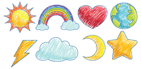 Wall Mural - Weather icons in Pencil Colour Sketch Simple Style