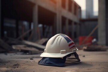 Wall Mural - construction site with safety helmet with american flag. Generative AI