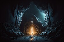 Very Dark Mine Tunnel With Big Horror Alien Exit Volumetric. Generative AI AIG15.
