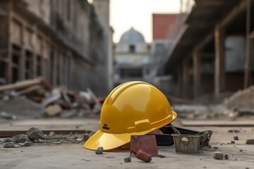 Wall Mural - construction site with safety helmet with american flag. Generative AI