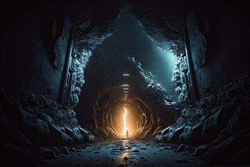 Very dark mine tunnel with big horror alien exit volumetric. Generative AI AIG15.