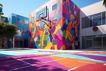 Poster - A vibrant outdoor basketball court featuring colorful graffiti art on the walls. Generative AI technology.