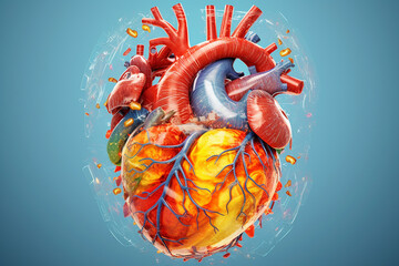 Aufkleber - An illustration of a human heart with transparent sections, revealing the flow of blood and highlighting key structures. Generative AI technology.